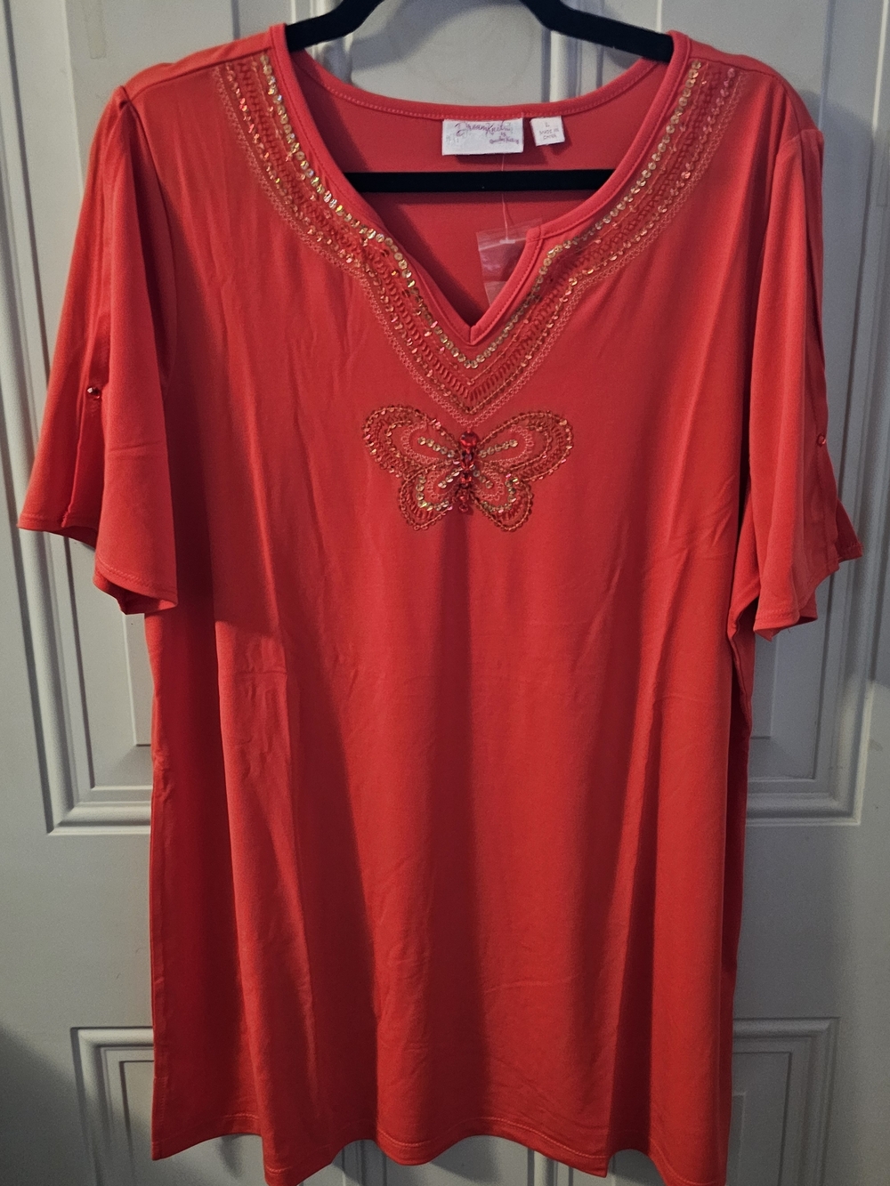 Quacker Factory Orange V-Neck Tunic with Beaded Butterfly Large NWT